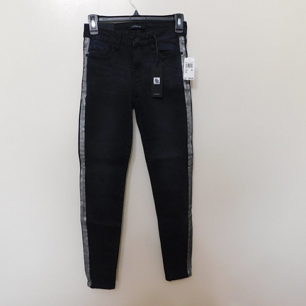 𝅺JR119 Numero Black Mid-Rise Side-Stripe Skinny Ankle Jeans Size 26 x 29